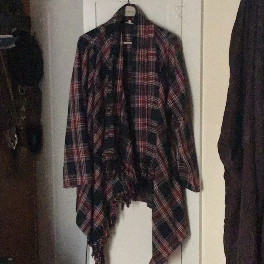 Plaid fringe shawl jacket